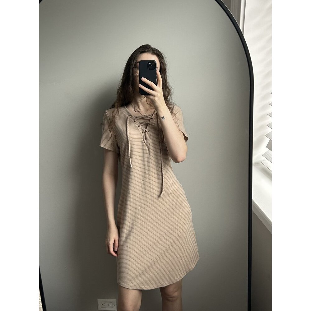 Perch Tan & Black Striped Dress – Cute Casual Skater-Girl Brunch Chic Fit Flare